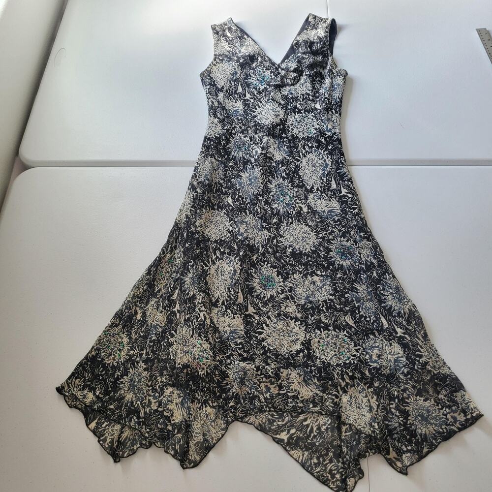 90s Lapis Dress Women Medium Black 100% Silk Sequin Floral Asym Fairy Whimsigoth